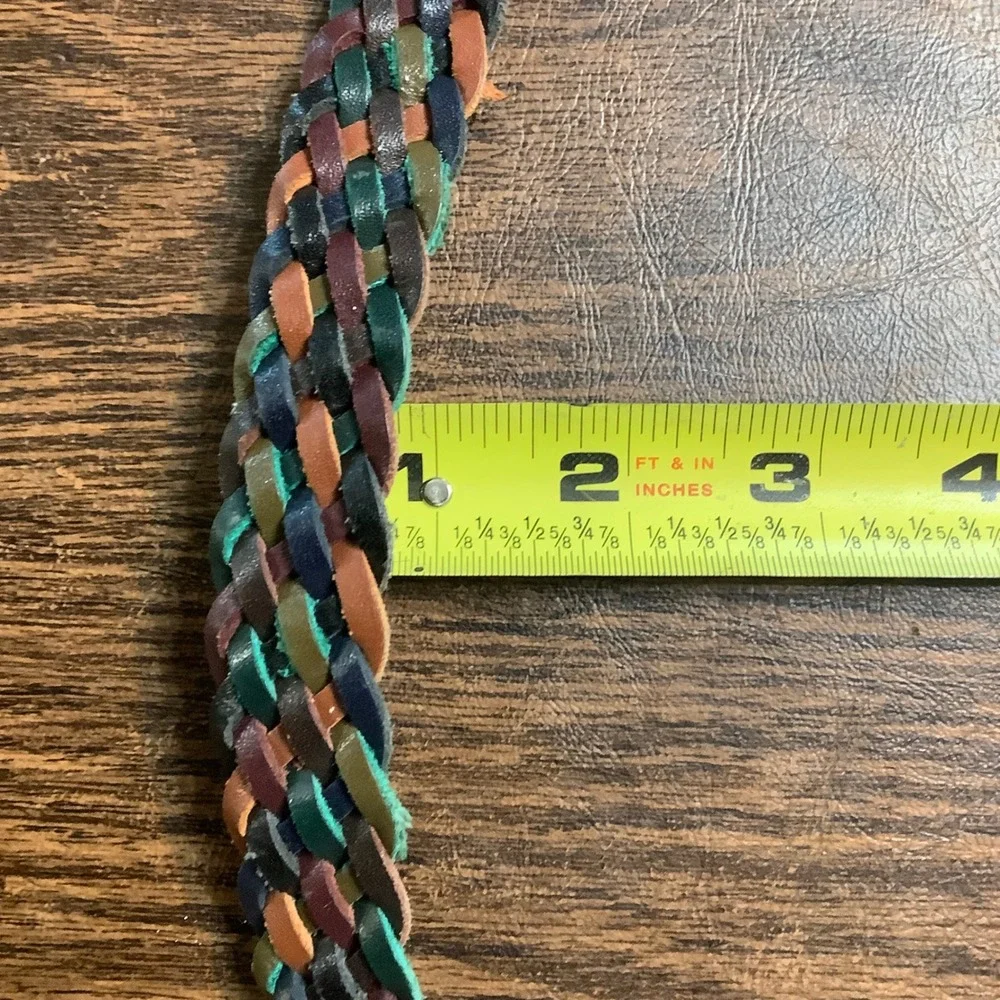 Vtg Multicolor Braided Leather Belt Women Small‎ Brass Buckle Woven Adjustable